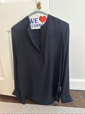 Vince Navy Split-Neck Long Sleeve Blouse